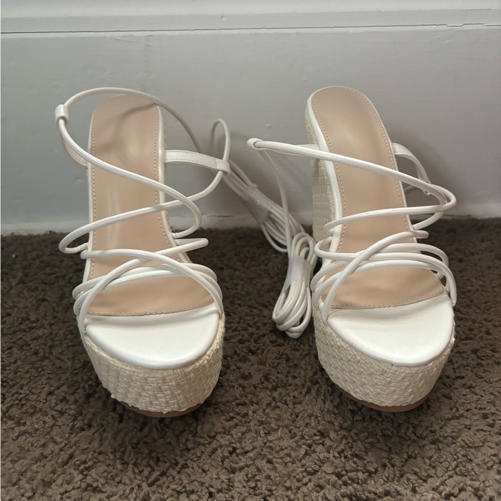 Strappy white wedges